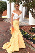 Load image into Gallery viewer, Two Piece Off-the-Shoulder White and Yellow Zipper V-Neck Mermaid Long Prom Dresses RS63