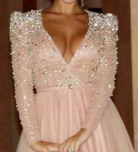 Load image into Gallery viewer, Elegant A Line Long Sleeve Deep V Neck Pink Beads Tulle Long Prom Dresses RS985