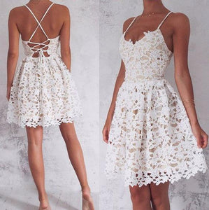 A-Line Spaghetti Straps Lace up Ivory Lace Short Sleeveless Sweet 16 Cocktail Dress RS744