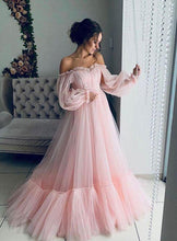 Load image into Gallery viewer, Ball Gown Blue Tulle Prom Dresses Long Sleeve Off the Shoulder Quinceanera Dresses RS930