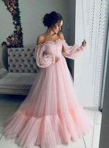 Ball Gown Blue Tulle Prom Dresses Long Sleeve Off the Shoulder Quinceanera Dresses RS930