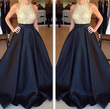 Load image into Gallery viewer, New Arrival Crew Neck Gold Sequins Black Satin Backless Sleeveless Prom Dresses RS440