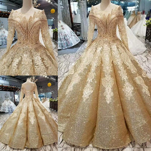 Ball Gown Gold Long Sleeves Lace Appliques Sequins Open Back Beads Quinceanera Dresses RS894