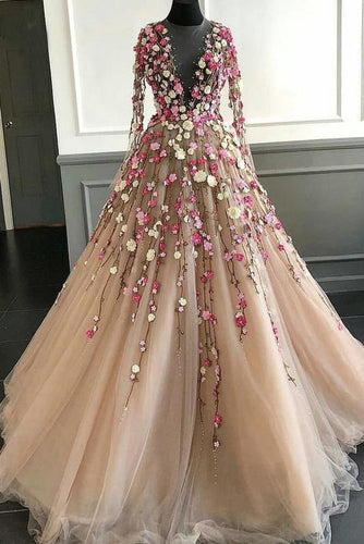 Elegant Floral Scoop Lace Long Sleeve Pink Prom Dresses with Tulle Long Evening Dresses RS990