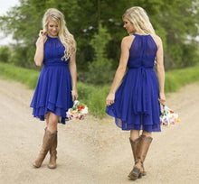 Load image into Gallery viewer, Short A Line Halter Chiffon Blue Bridesmaid Dresses Cheap Prom Dresses RS805
