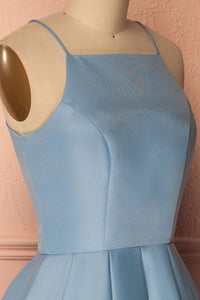 A Line Blue Halter Sleeveless Short Satin Knee Length Homecoming Dress RS601