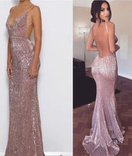 Load image into Gallery viewer, Elegant Mermaid Pink Simple Sexy Spaghetti Straps Sequin V Neck Backless Prom Dresses RS611