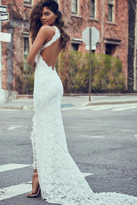 Sheath White Mermaid Round Neck Sweep Train Open Back Lace Wedding Dress with Split RS26