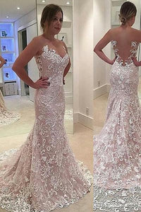 Elegant Mermaid Sleeveless Lace Sweetheart Strapless Appliques Wedding Dress With Court Train RS380