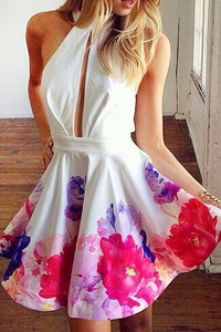 Short Halter Sleeveless Keyhole Homecoming Party Dress Printed Flowers RS118
