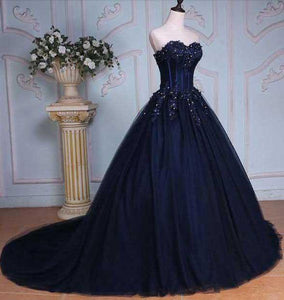 Princess Ball Gown Sweetheart Navy Blue Beads Ruffles Long Tulle Prom Dresses with Lace up RS236