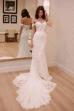 Load image into Gallery viewer, Sheath Off-the-Shoulder White Mermaid Chiffon Lace Appliques Beach Wedding Dresses RS328