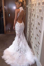 Load image into Gallery viewer, Halter Neck Feather Mermaid Appliques White Prom Dress With Court Train Prom Dresses uk