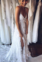 Load image into Gallery viewer, A-Line V-Neck Criss-Cross Straps Backless Court Train Lace Slit Beach Wedding Dress RS356