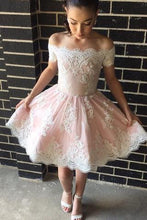 Load image into Gallery viewer, Cute A-line Off-the-shoulder Pink Short Prom Dress with Lace Appliques RS318
