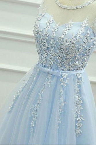 A-Line Appliques Light Sky Blue Cheap Short Tulle Homecoming Dress for Teens RS133