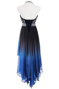 A Line Halter Beaded Blue High Low Chiffon Ombre Lace up Long Prom Dresses RS303