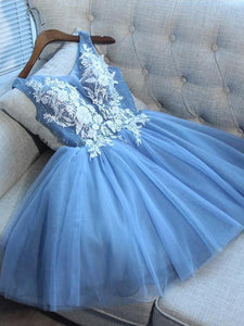 A Line V Neck Blue Tulle Cheap Beads Short Homecoming Dresses with Lace Appliques RS05