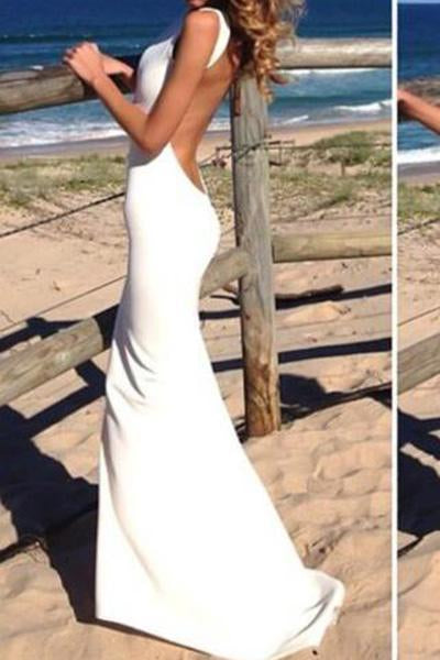 Sheath Backless Custom Made White Backless Mermaid Cheap Sexy Scoop Prom Dresses RS363