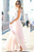 Modest Chiffon Long Blush Pink White Lace A-Line High Neck Floor-Length Prom Dresses RS192