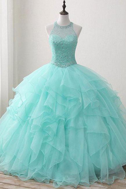 Ball Gown Long Green Sleeveless Open Back Lace up Beads High Neck Prom Dresses RS422