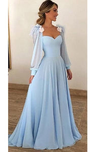Blue Long Sleeves Sweetheart Prom Dresses A Line Long Evening Dresses RS307