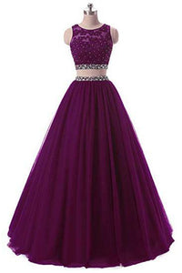A Line Two Pieces Lace Sequins Beads Open Back Appliques Sleeveless Prom Dresses RS334