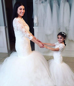 Long Short Sleeves Mermaid Lace Appliques Tulle Flower Girl Dress Wedding Party Dress RS119