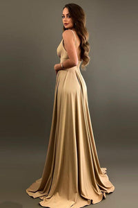 Elegant A-Line V-Neck Elastic Satin Backless Ruffles Sleeveless Bridesmaid Dress with Split RS757