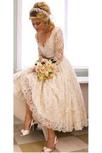 Load image into Gallery viewer, Vantage A Line V-Neck Long Sleeve Tea Length White Lace Princess Wedding Dresses RS668