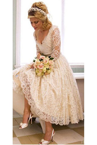 Vantage A Line V-Neck Long Sleeve Tea Length White Lace Princess Wedding Dresses RS668