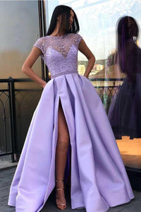 Chic Satin Short Sleeve Scoop Split Beads Purple Slit Open Back Long Prom Dresses RS61