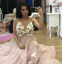 Load image into Gallery viewer, Elegant A-Line Spaghetti Straps Long Pearl Pink Appliques V Neck Backless Prom Dresses RS687