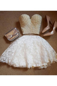 A-Line Two Pieces Sweetheart Short White Lace Knee Length Homecoming Dress with Pearls RS704