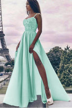 Load image into Gallery viewer, A Line Spaghetti Straps High Slit Sweetheart Chiffon Lace Appliques Prom Dresses RS310