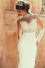 Load image into Gallery viewer, Long Sleeve Mermaid High Neck Lace Appliques Open Back Ivory Long Wedding Dresses RS145