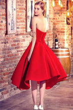 Load image into Gallery viewer, Princess Sweetheart Red Satin with Ruffles Asymmetrical High Low Classic Prom Dresses RS622