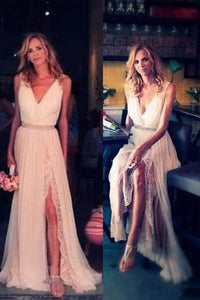 V Neck Off the Shoulder Ivory Lace Chiffon Front Split White Beach Cheap Wedding Dresses RS878