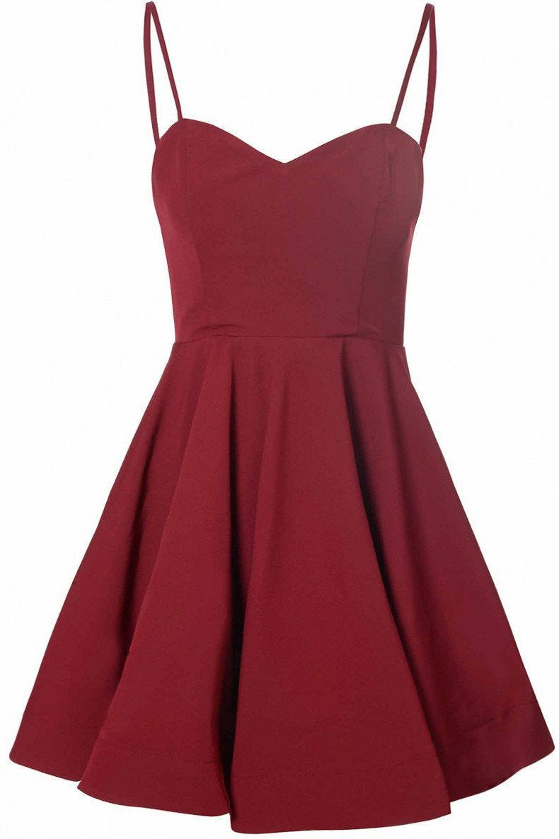Simple A-Line Spaghetti Straps Satin Burgundy Short Homecoming Dress With Pleats RS13