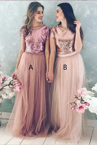 A Line Top Blush Sequin Lovely Two Piece Tulle Round Neck Cheap Bridesmaid Dresses RS832