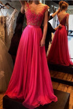 Load image into Gallery viewer, A-Line See-Through Neckline Appliques Chiffon Red Lace Backless Beads Prom Dresses RS316