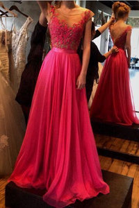 A-Line See-Through Neckline Appliques Chiffon Red Lace Backless Beads Prom Dresses RS316