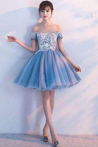 Cute A Line Off the Shoulder Above Knee Blue Short Prom Dresses Homecoming Dresses RS946