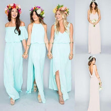 Load image into Gallery viewer, 2024 Chiffon Cheap Long Pretty Young Mint Mismatched Side Split Bridesmaid Dresses RS317