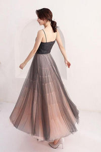 A Line Scoop Spaghetti Straps Black Tulle Prom Dresses Long Evening Dresses RS824