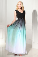 Load image into Gallery viewer, A-Line Ombre Long Chiffon Formal Dress V-Neck Black Sleeveless Lace up Prom Dresses RS371