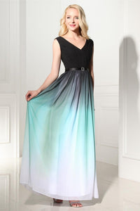 A-Line Ombre Long Chiffon Formal Dress V-Neck Black Sleeveless Lace up Prom Dresses RS371