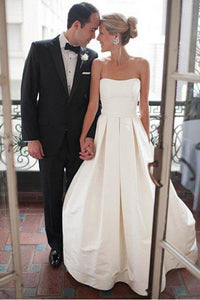 A-Line Sweetheart Strapless Backless Floor-Length Ivory Satin Wedding Dresses with Ruched RS276