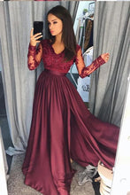 Load image into Gallery viewer, Elegant A-Line Lace Long Sleeves Satin Burgundy Beads Slit V-Neck Prom Dresses RS298