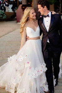 Stylish A-Line Two Piece Spaghetti Straps V-Neck Tulle Long Wedding Dresses with Flowers RS289